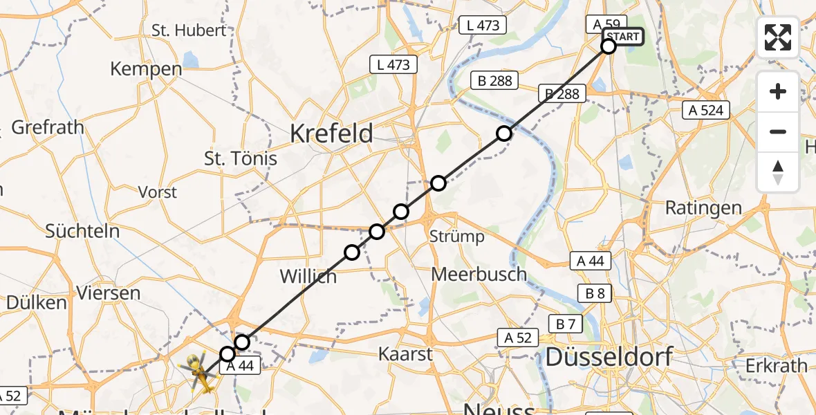 Flugroute Rettungshubschrauber Duisburg Air Rescue Hubschrauberlandeplatz (Christoph 9) - Mönchengladbach, 22 Juli 2026, 10:47