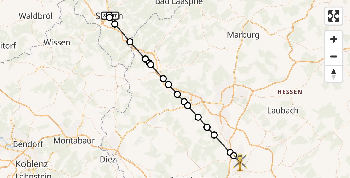 Flugroute Rettungshubschrauber Marien Hospital Siegen - Bad Nauheim, 22 Juli 2026, 10:49