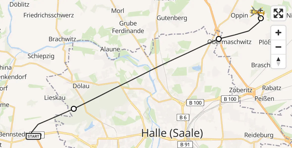 Flugroute Rettungshubschrauber Salzatal - Halle-Oppin Flugplatz, 22 Juli 2026, 10:50