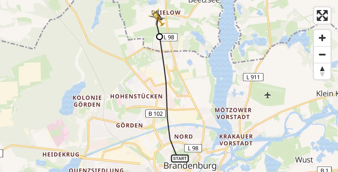 Flugroute Rettungshubschrauber Brandenburg an der Havel - Beetzsee, 22 Juli 2026, 10:50