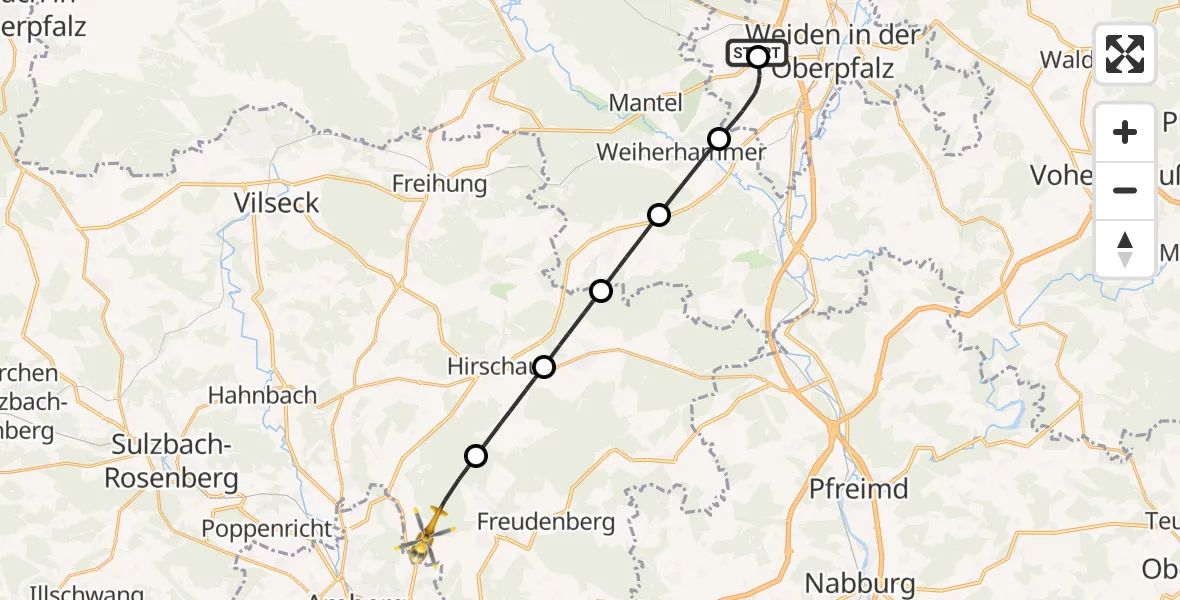 Flugroute Ambulanzhubschrauber Weiden in der Oberpfalz Flugplatz - Freudenberg, 22 Juli 2026, 10:53