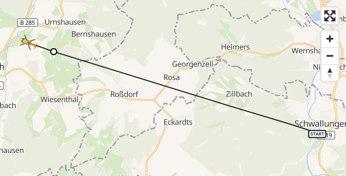 Flugroute Rettungshubschrauber Schwallungen - Dermbach, 22 Juli 2026, 10:54