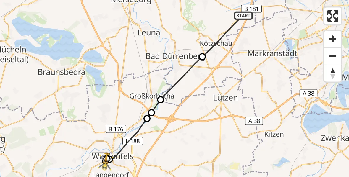 Flugroute Rettungshubschrauber Leuna - Asklepios Clinic Weißenfels, 22 Juli 2026, 10:54