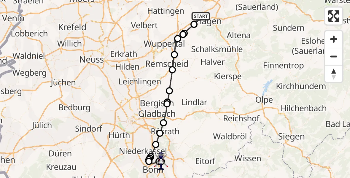 Flugroute Polizeihubschrauber Hagen - Sankt Augustin, 22 Juli 2026, 10:57