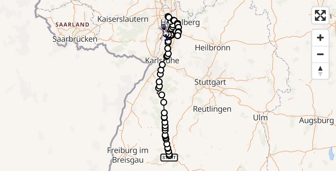 Flugroute Polizeihubschrauber Donaueschingen-Villingen Flugplatz - Speyer, 22 Juli 2026, 10:58