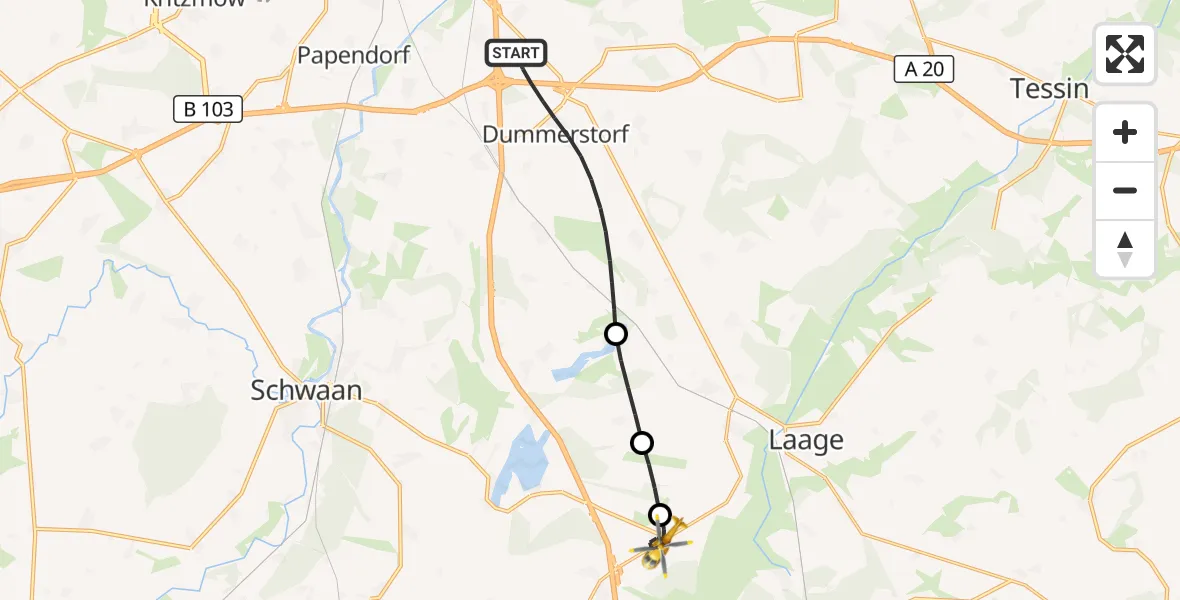 Flugroute Ambulanzhubschrauber Dummerstorf - Laage, 22 Juli 2026, 11:01