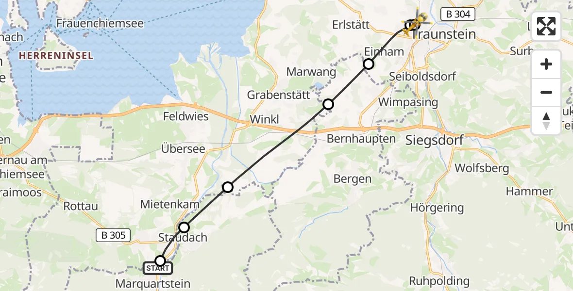 Flugroute Rettungshubschrauber Marquartstein - Traunstein Hospital, 22 Juli 2026, 11:05