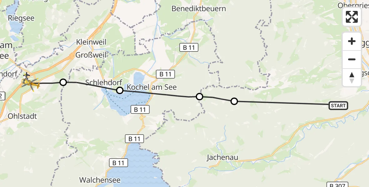 Flugroute Rettungshubschrauber Lenggries - Ohlstadt, 22 Juli 2026, 11:06