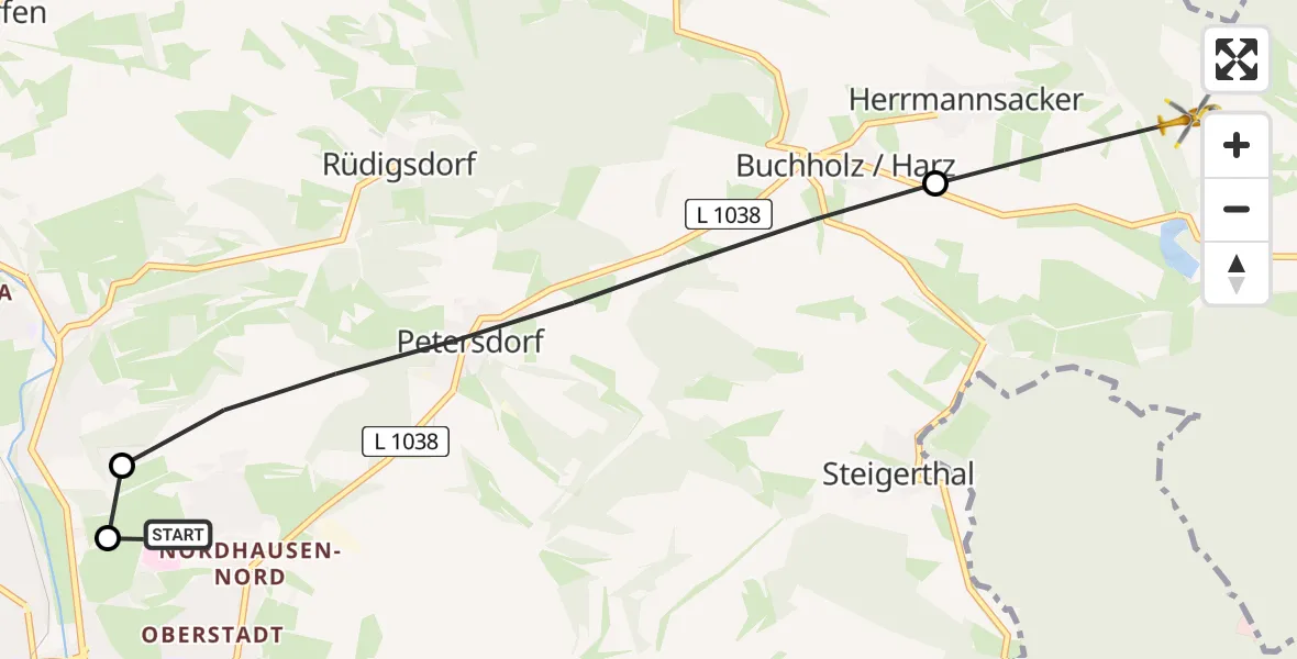 Flugroute Rettungshubschrauber Südharz Hospital Nordhausen - Harztor, 22 Juli 2026, 11:11