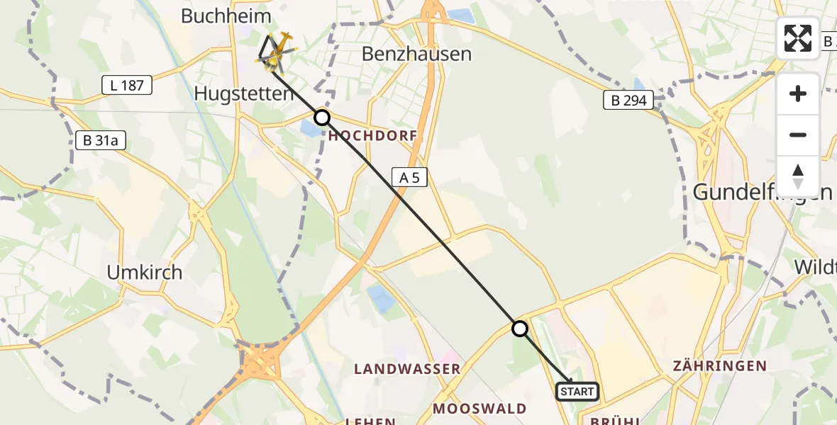 Flugroute Ambulanzhubschrauber Freiburg im Breisgau Flugplatz - March, 22 Juli 2026, 11:16