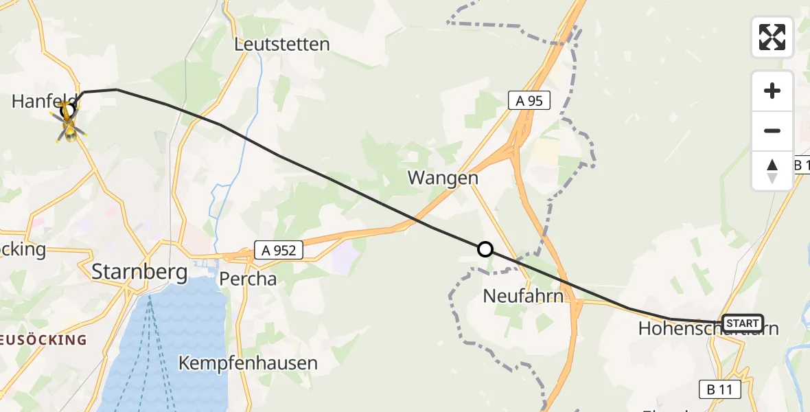 Flugroute Rettungshubschrauber Schäftlarn - Starnberg Notfall-Hubschrauberlandeplatz, 22 Juli 2026, 11:16