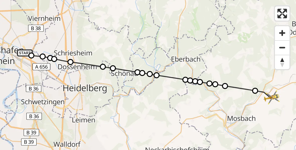 Flugroute Rettungshubschrauber Mannheim-City Flughafen - Elztal, 22 Juli 2026, 11:17