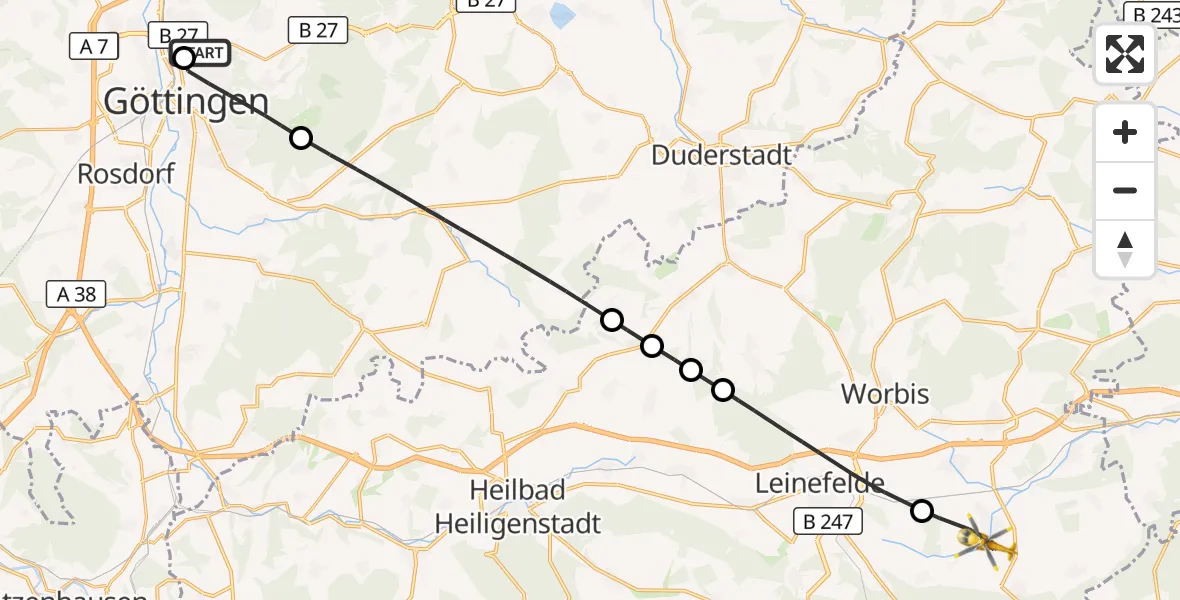 Flugroute Rettungshubschrauber Göttingen University Clinic Hubschrauberlandeplatz - Niederorschel, 22 Juli 2026, 11:17