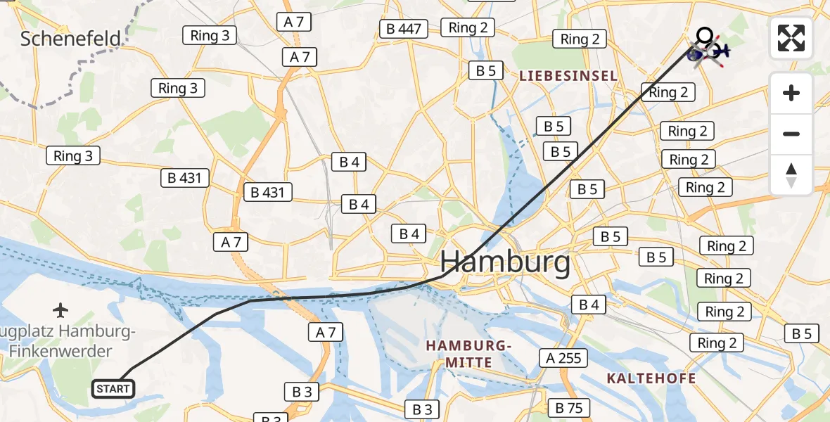 Flugroute Polizeihubschrauber Hamburg - Hamburg Military Hospital, 22 Juli 2026, 11:23