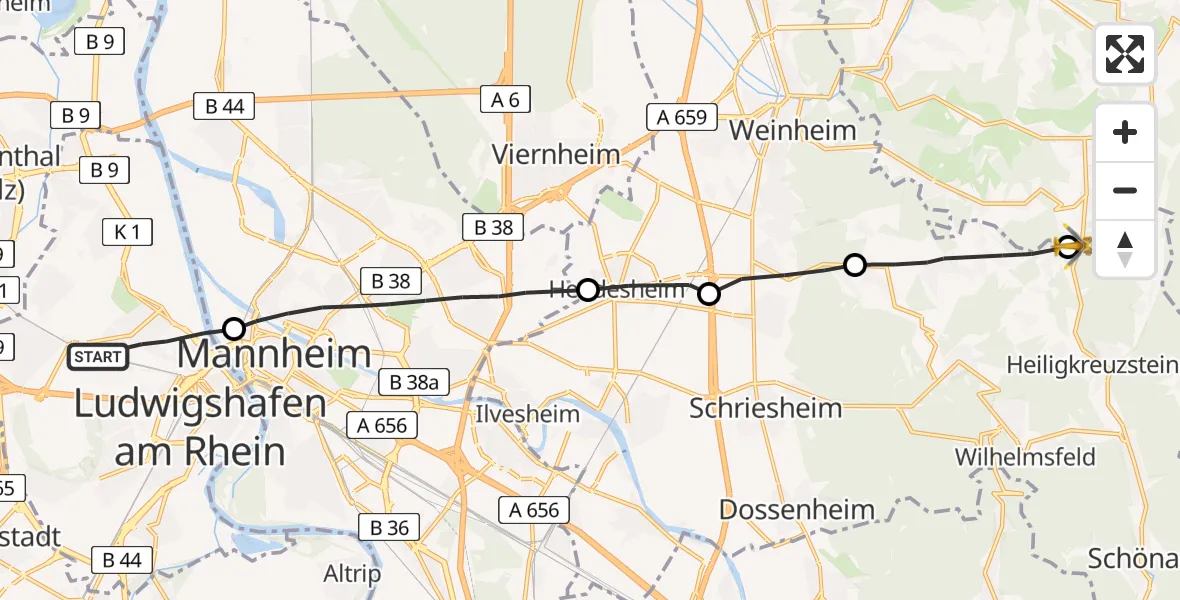 Flugroute Rettungshubschrauber Ludwigshafen am Rhein - Abtsteinach, 22 Juli 2026, 11:23