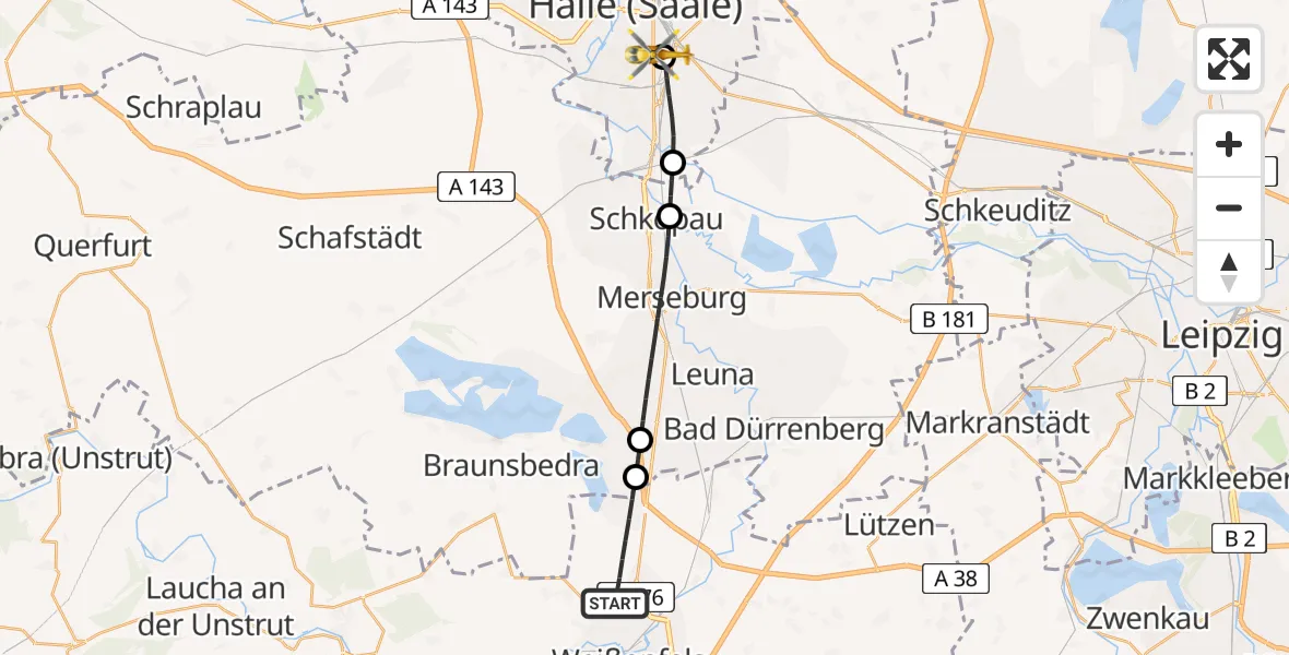 Flugroute Rettungshubschrauber Weißenfels - BG Hospital Bergmannstrost Halle, 22 Juli 2026, 11:27