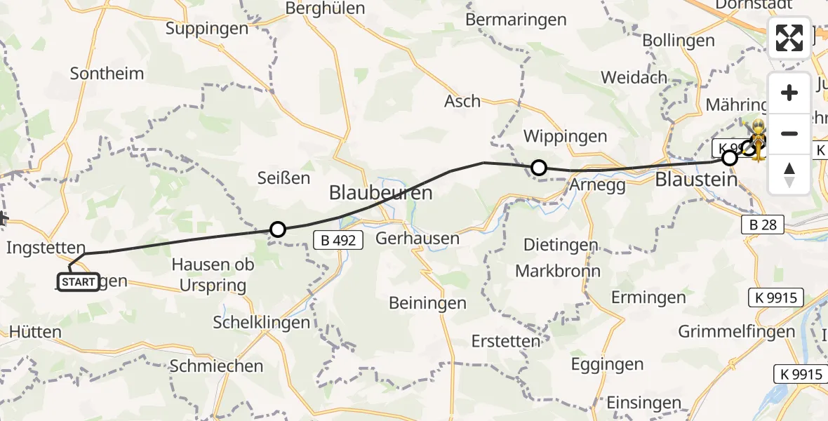 Flugroute Rettungshubschrauber Schelklingen - ADAC Air Rescue Station Ulm (Christoph 22), 22 Juli 2026, 11:32