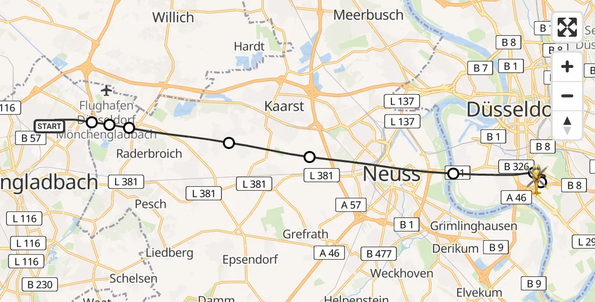 Flugroute Rettungshubschrauber Mönchengladbach - Düsseldorf University Hospital, 22 Juli 2026, 11:33