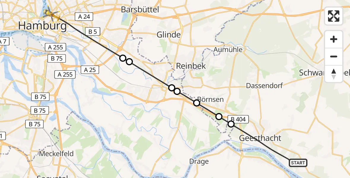 Flugroute Ambulanzhubschrauber Geesthacht - Hamburg, 22 Juli 2026, 11:35