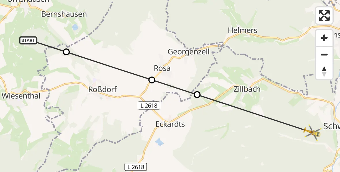 Flugroute Rettungshubschrauber Dermbach - Schwallungen, 22 Juli 2026, 11:36