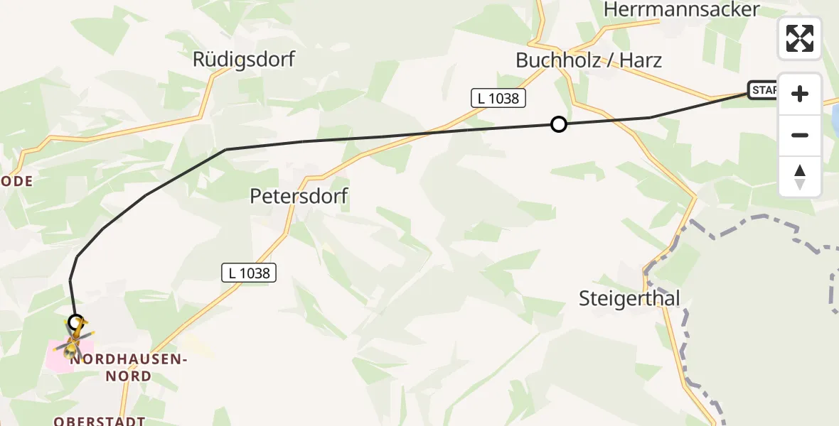 Flugroute Rettungshubschrauber Harztor - Südharz Hospital Nordhausen, 22 Juli 2026, 11:39