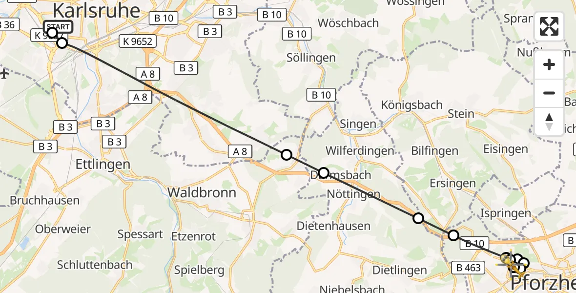 Flugroute Ambulanzhubschrauber Sankt Vincentius Hospital - Siloah Sankt Trudpert Hospital, 22 Juli 2026, 11:40