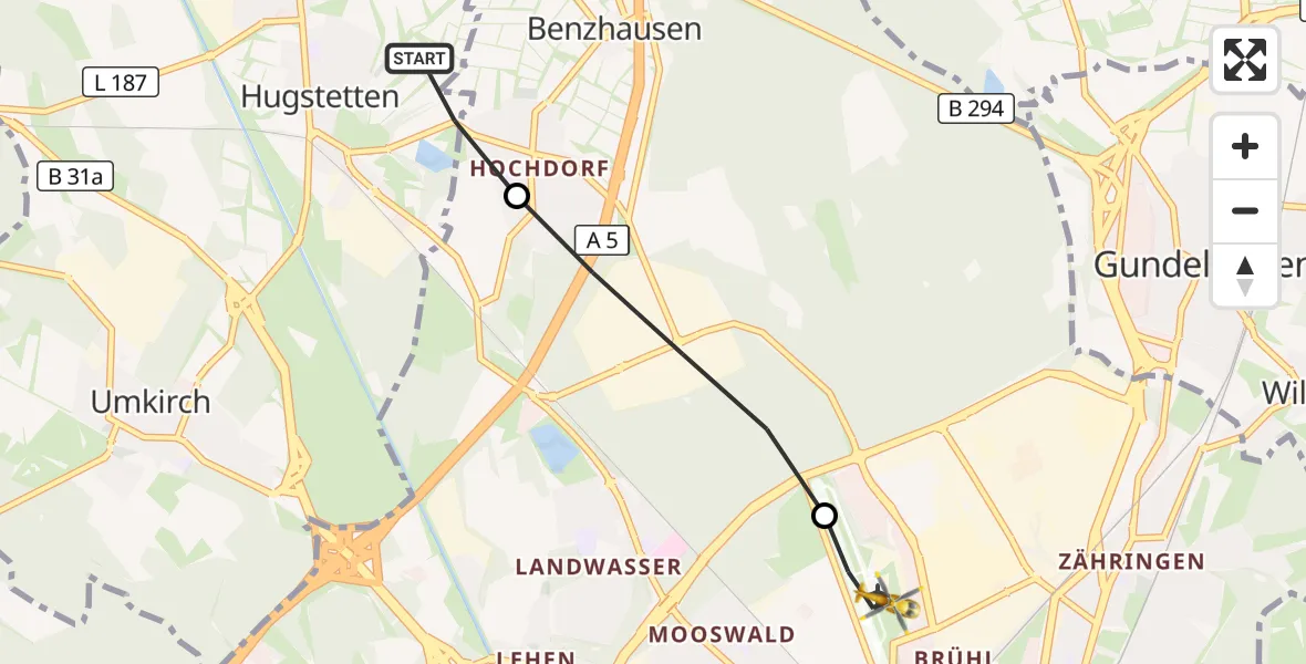 Flugroute Ambulanzhubschrauber March - Freiburg im Breisgau Flugplatz, 22 Juli 2026, 11:46
