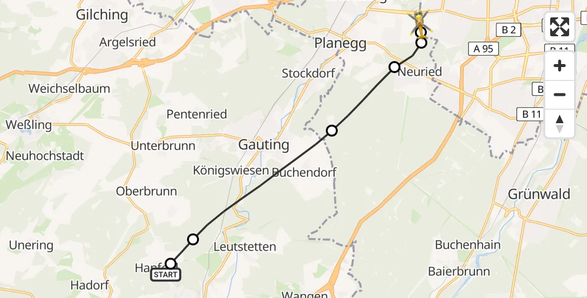 Flugroute Rettungshubschrauber Starnberg Notfall-Hubschrauberlandeplatz - DRF Air Rescue München Hubschrauberlandeplatz, 22 Juli 2026, 11:48
