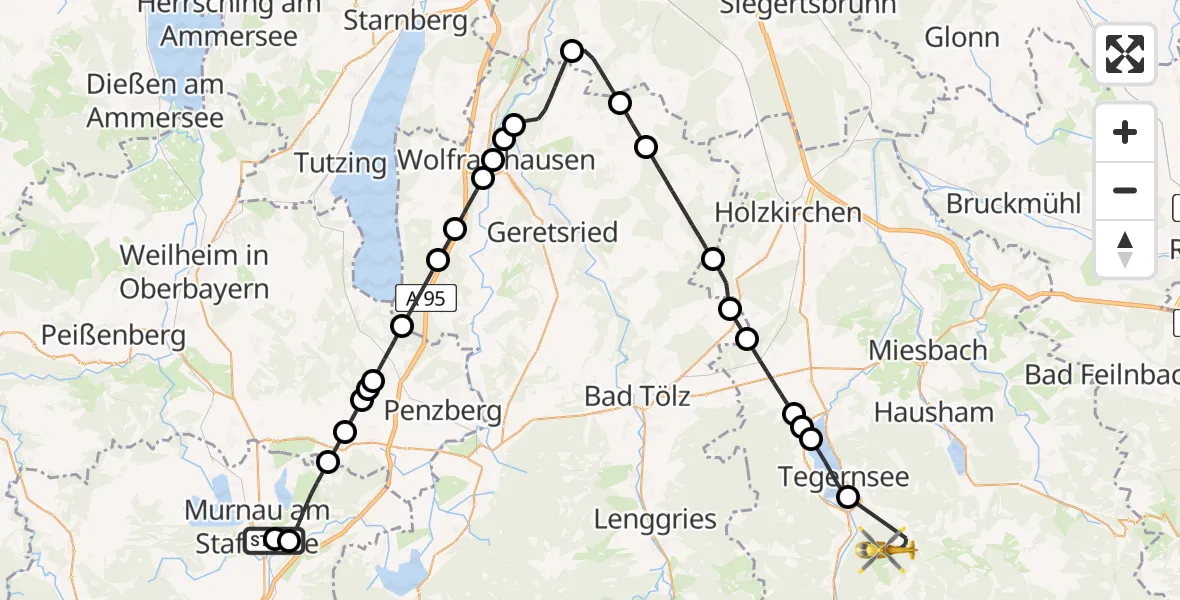Flugroute Rettungshubschrauber Murnau Accident Hospital - Rottach-Egern, 22 Juli 2026, 11:53