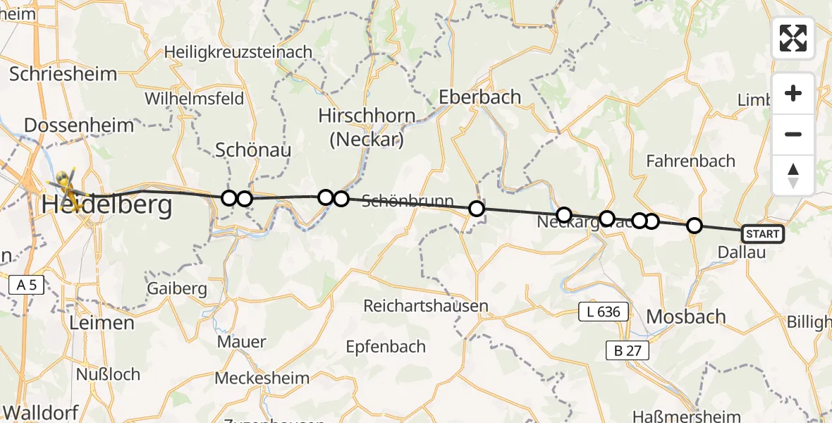 Flugroute Rettungshubschrauber Elztal - Heidelberg, 22 Juli 2026, 11:56