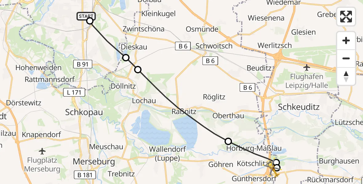 Flugroute Rettungshubschrauber BG Hospital Bergmannstrost Halle - ADAC Air Rescue Station Leipzig/Schkeuditz-Dölzig Hubschrauberlandeplatz (Christoph 61), 22 Juli 2026, 11:59