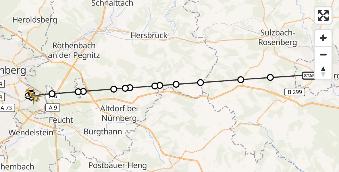 Flugroute Ambulanzhubschrauber Amberg - Nürnberg South Hospital, 22 Juli 2026, 12:01