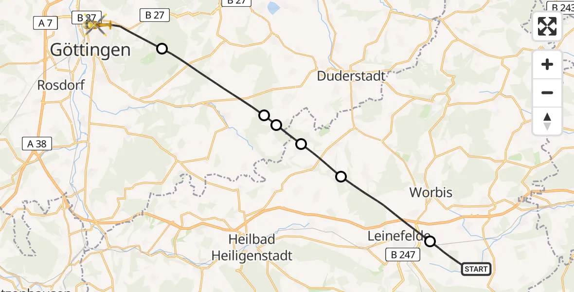 Flugroute Rettungshubschrauber Niederorschel - Göttingen University Clinic Hubschrauberlandeplatz, 22 Juli 2026, 12:01