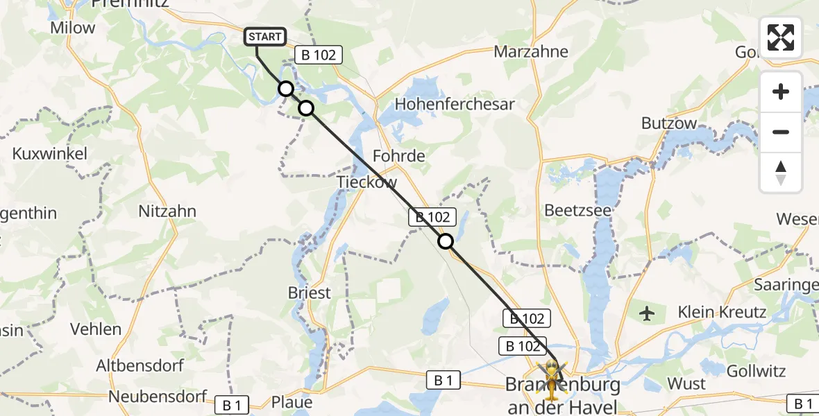 Flugroute Rettungshubschrauber Premnitz - Brandenburg an der Havel, 22 Juli 2026, 12:03