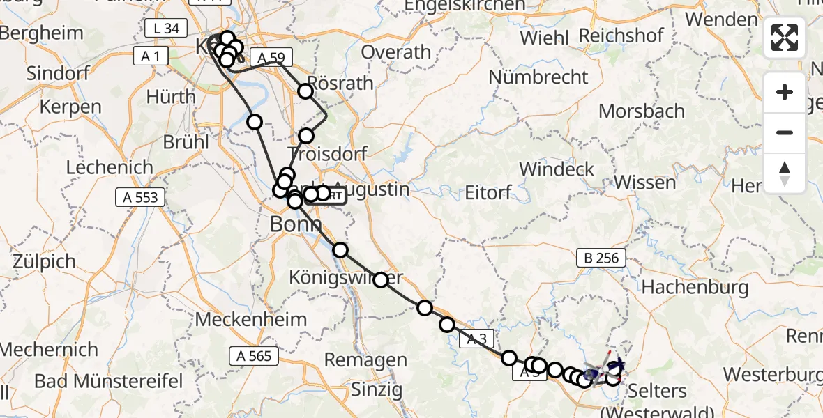 Flugroute Polizeihubschrauber Bonn-Hangelar Flugplatz - Dierdorf, 22 Juli 2026, 12:04
