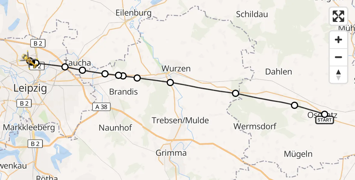 Flugroute Rettungshubschrauber Collm Klinik Oschatz Hubschrauberlandeplatz - Sankt Georg Hospital Leipzig Reserve, 22 Juli 2026, 12:04