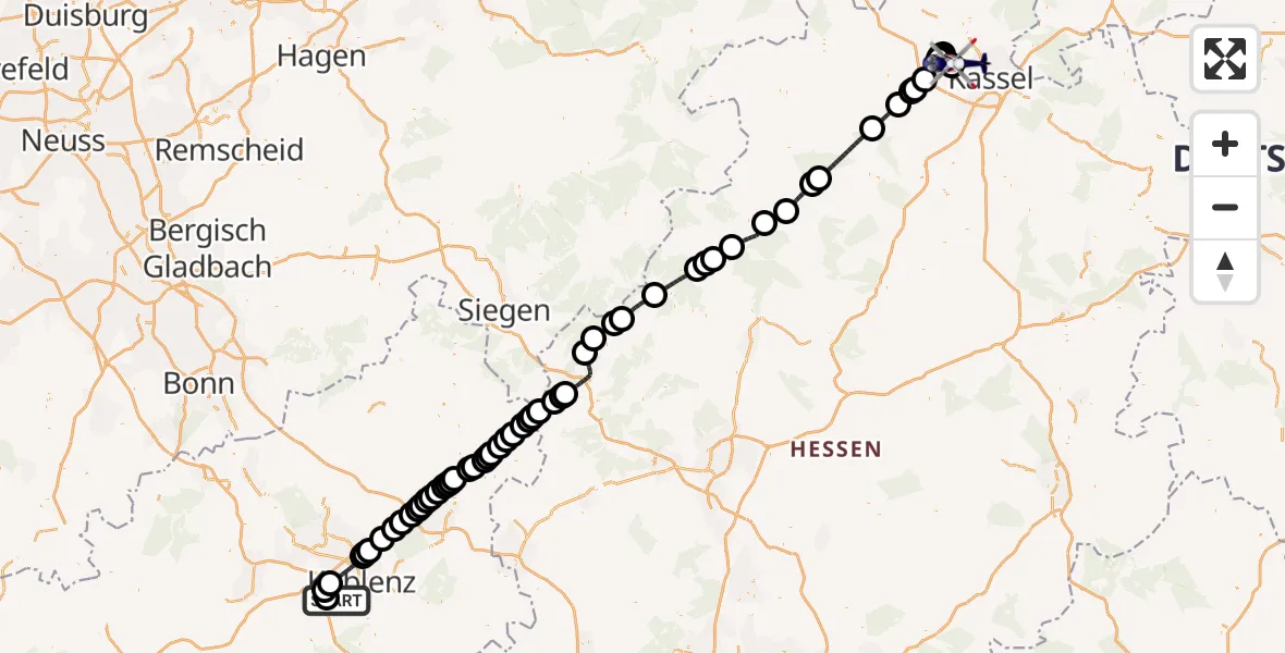 Flugroute Polizeihubschrauber Winningen - Kassel, 22 Juli 2026, 12:05