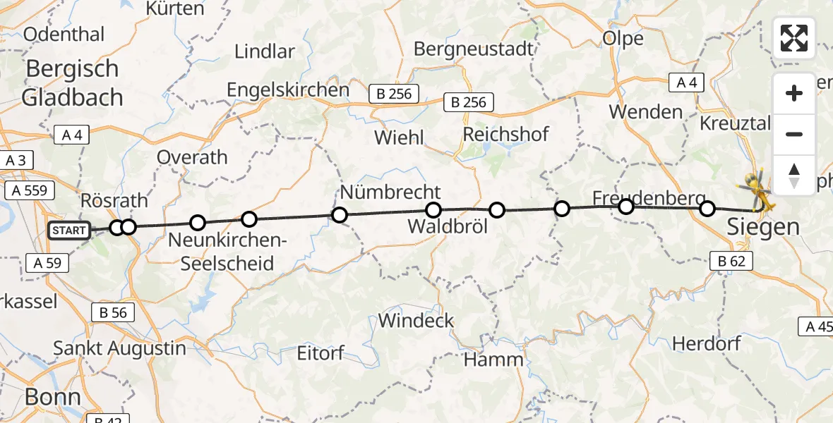 Flugroute Ambulanzhubschrauber Köln Bonn Flughafen - Siegen, 22 Juli 2026, 12:08