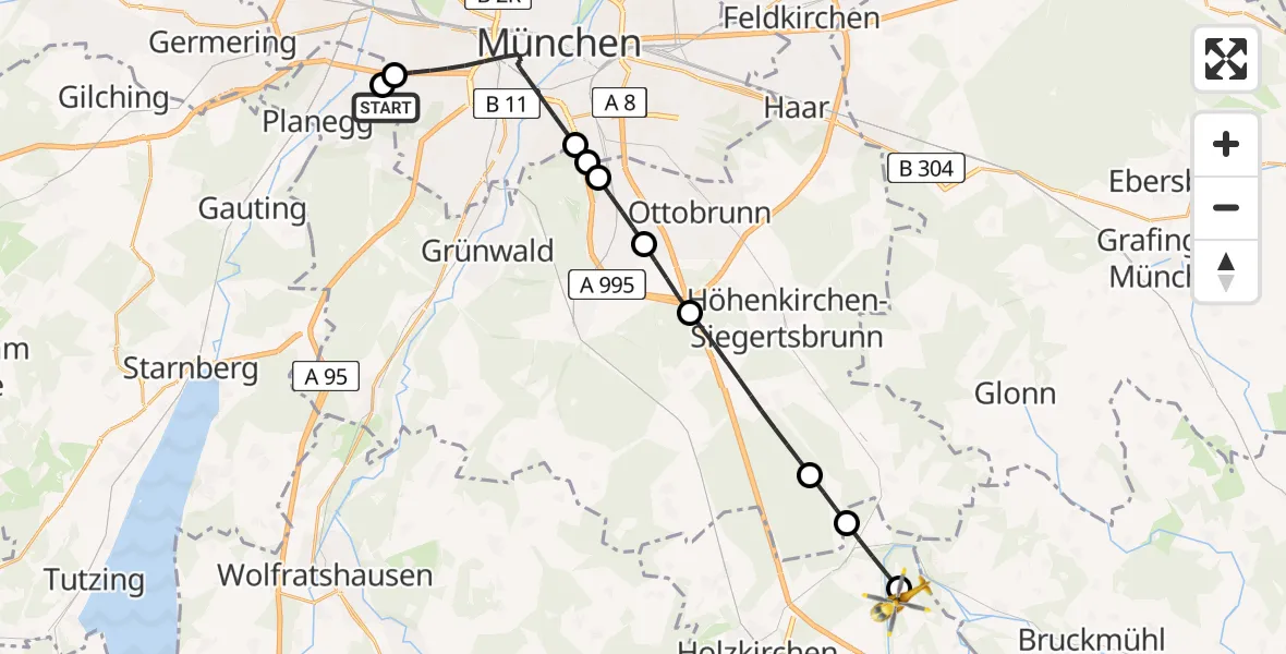 Flugroute Rettungshubschrauber DRF Air Rescue München Hubschrauberlandeplatz - Weyarn, 22 Juli 2026, 12:10