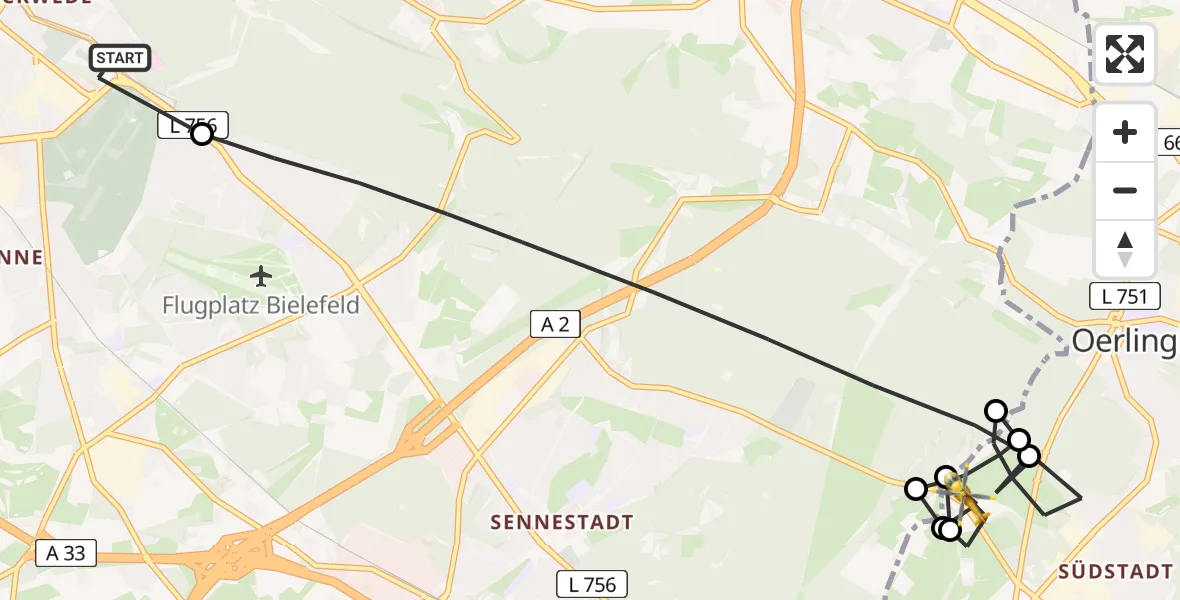 Flugroute Rettungshubschrauber Luftrettungszentrum Bielefeld - Oerlinghausen, 22 Juli 2026, 12:13