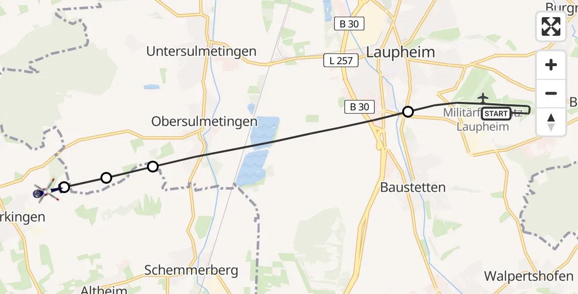 Flugroute Polizeihubschrauber Militärflugplatz Laupheim - Schemmerhofen, 22 Juli 2026, 12:14