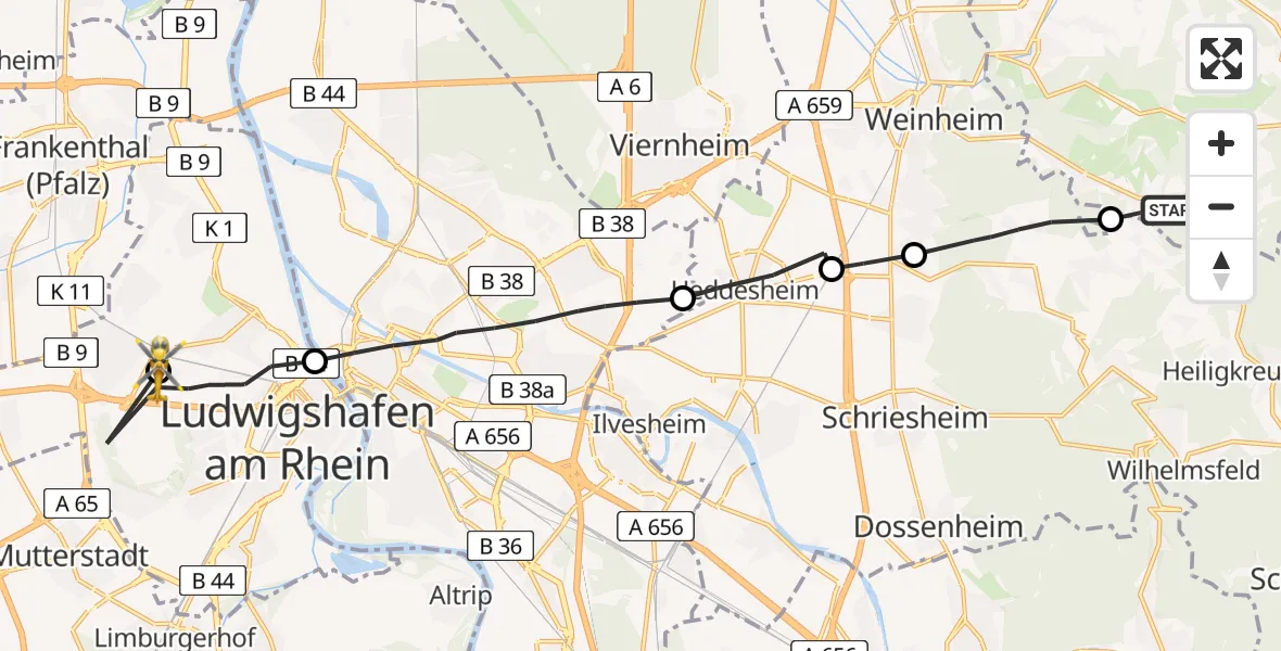 Flugroute Rettungshubschrauber Gorxheimertal - Ludwigshafen Accident Hospital, 22 Juli 2026, 12:15