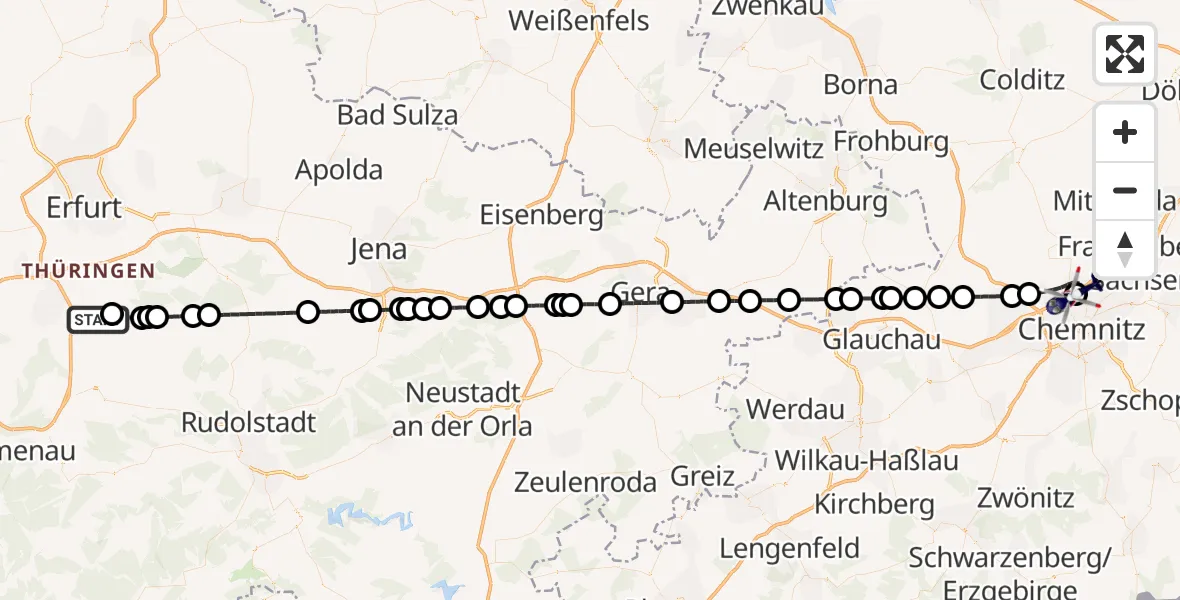 Flugroute Polizeihubschrauber Alkersleben - Chemnitz-Glösa Industrial Park Hubschrauberlandeplatz, 22 Juli 2026, 12:15