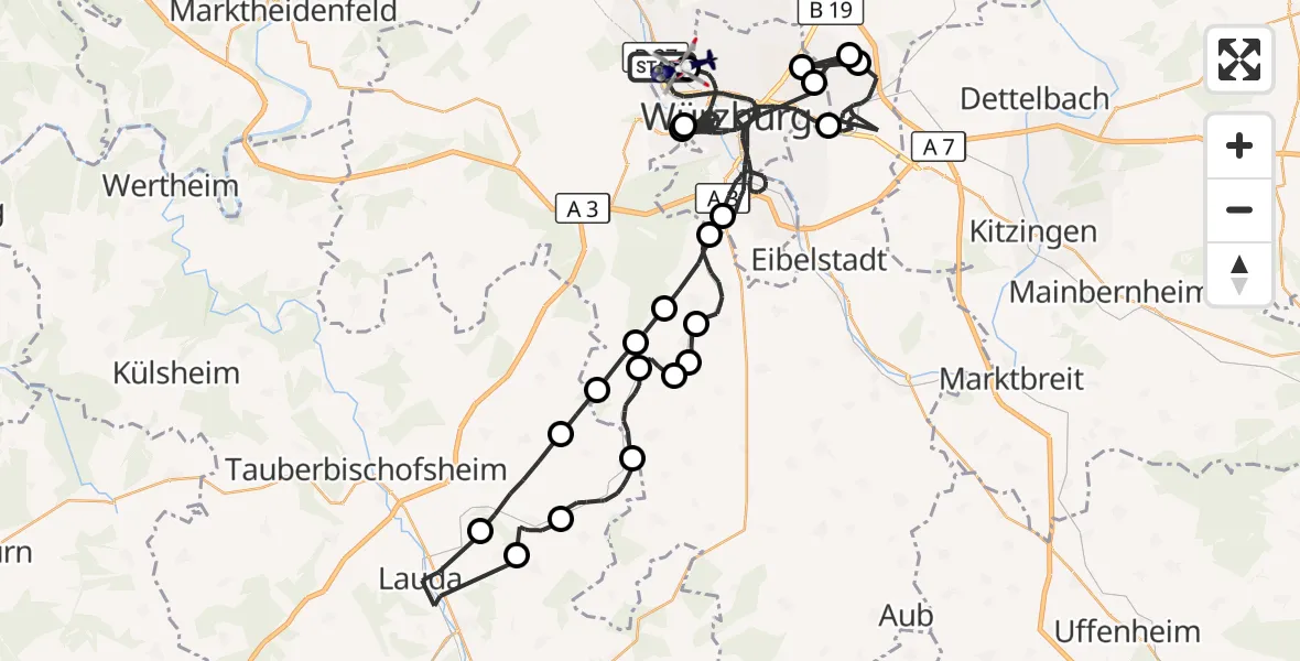 Flugroute Polizeihubschrauber Würzburg - Würzburg-Schenkenturm Flugplatz, 22 Juli 2026, 12:15