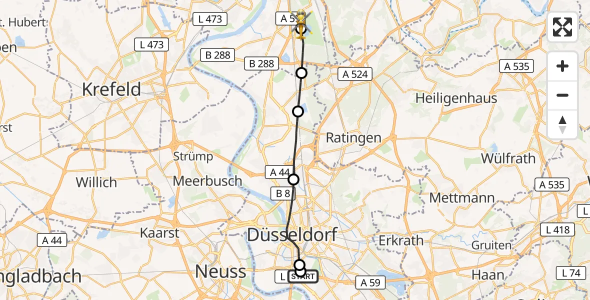 Flugroute Rettungshubschrauber Düsseldorf University Hospital - Duisburg Air Rescue Hubschrauberlandeplatz (Christoph 9), 22 Juli 2026, 12:20