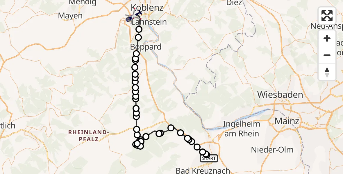 Flugroute Polizeihubschrauber Bretzenheim - Koblenz-Winningen Flugplatz, 22 Juli 2026, 12:20