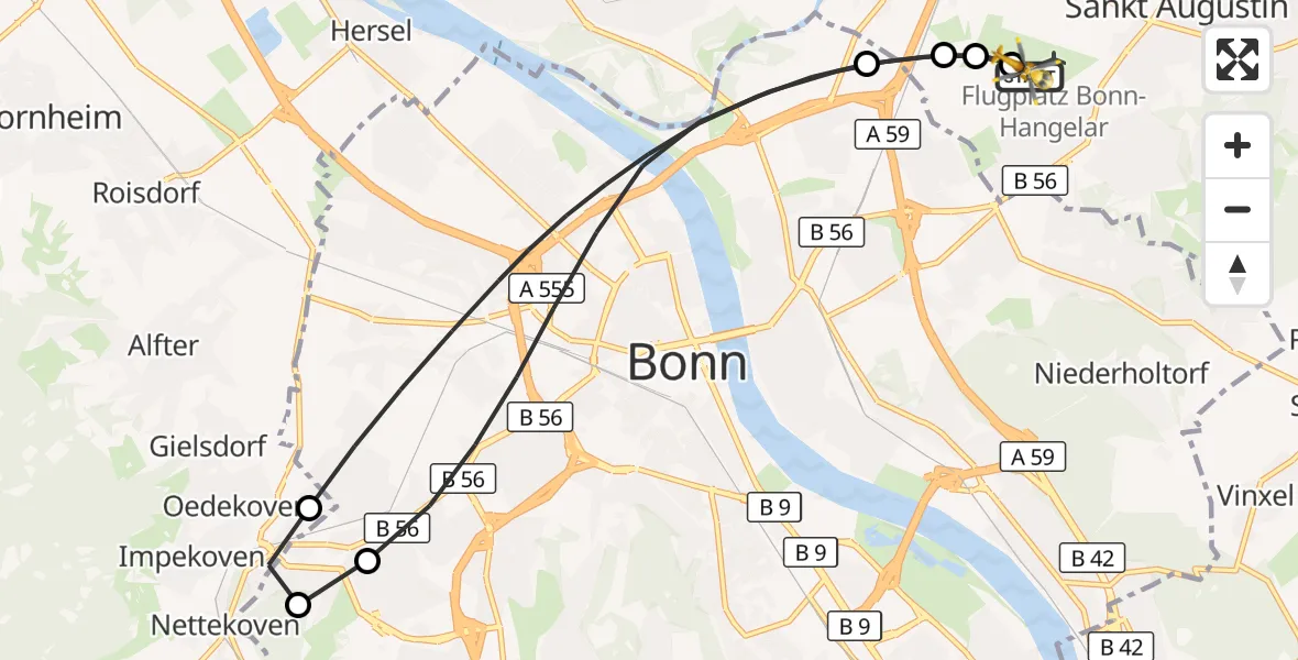 Flugroute Rettungshubschrauber Bonn-Hangelar Flugplatz - Bonn-Hangelar Flugplatz, 22 Juli 2026, 12:20