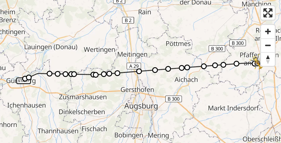 Flugroute Rettungshubschrauber Günzburg Hospital - Ilmtal Hospital Pfaffenhofen, 22 Juli 2026, 12:21