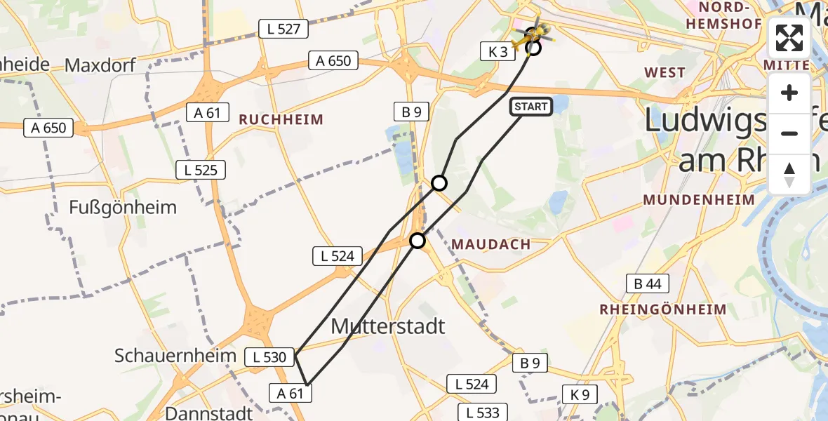 Flugroute Rettungshubschrauber Ludwigshafen am Rhein - Ludwigshafen Accident Hospital, 22 Juli 2026, 12:29