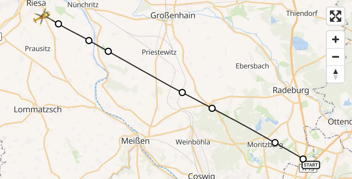 Flugroute Rettungshubschrauber Dresden Flughafen - Riesa, 22 Juli 2026, 12:32